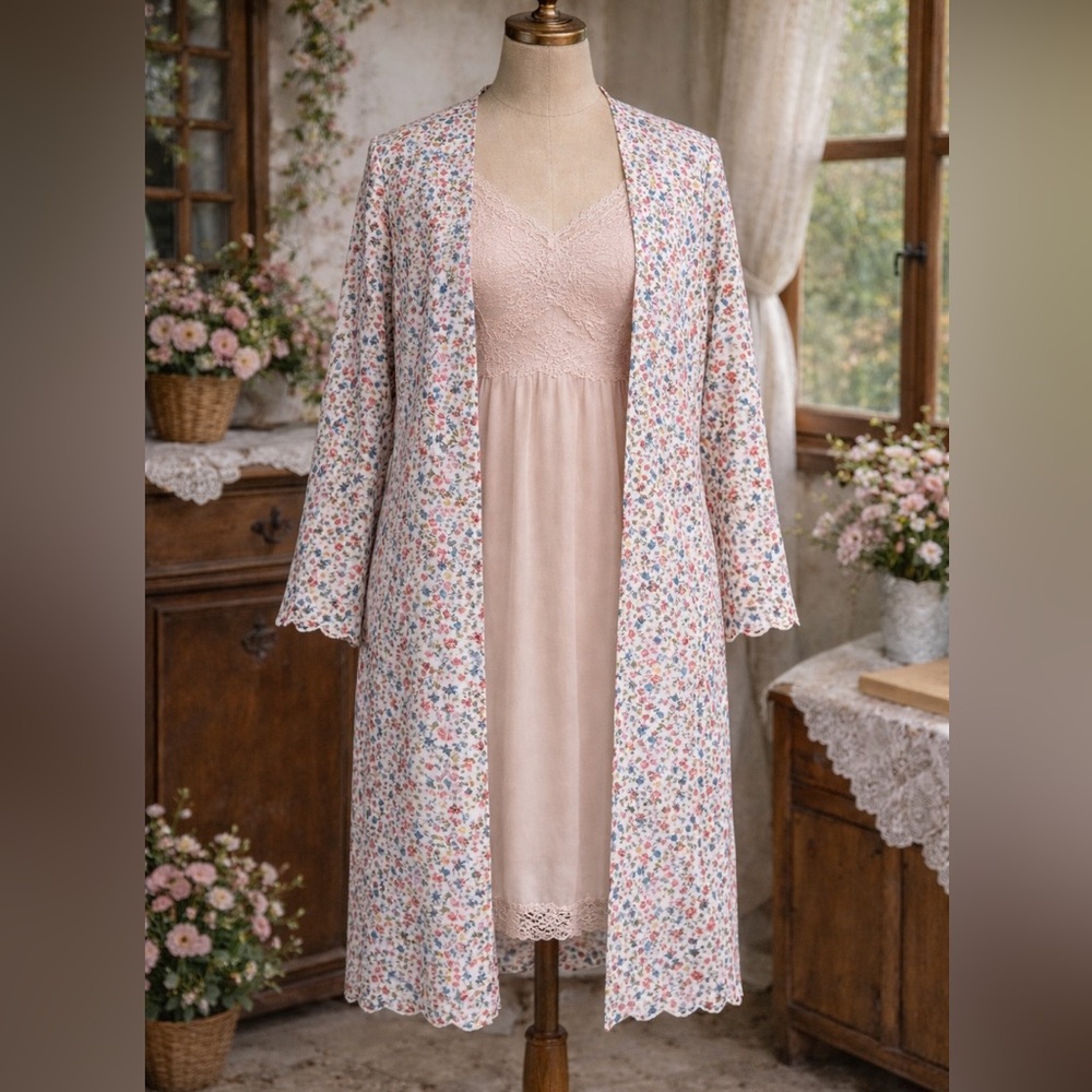 Catherine Malandrino Floral Pink, Blue & Yellow Lace Detail Duster Overcoat